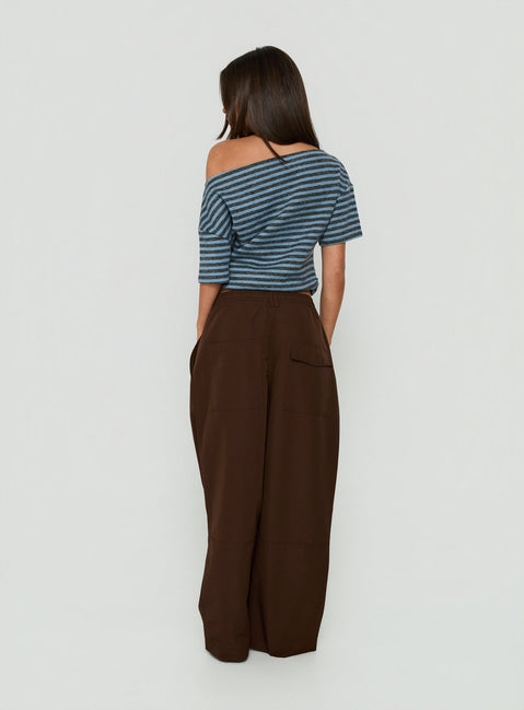 Highlighting the Signora Elasticated Waist Pants Chocolate womens-regular-pants in high-rise wide-leg cut back view of model wearing Princess Polly