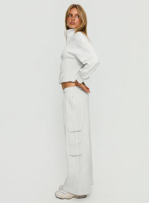 side view of model wearing Princess Polly Rozanna Cargo Sweat Pants Grey Marle Mid Rise Pants 