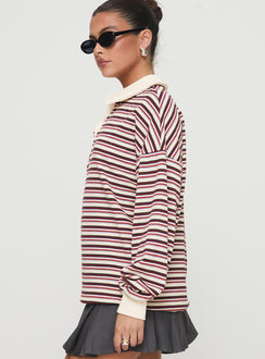 side view of model wearing Princess Polly Rierie Rugby Jersey Porcelain Multi Longline Jumpers 