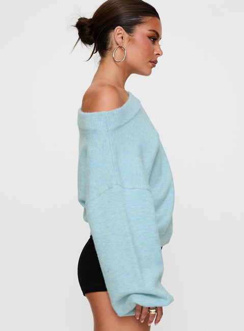 Featuring the Noble Off The Shoulder Jumper Blue womens-jumpers in short length detail view of model wearing Princess Polly