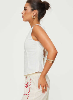 side view of model wearing Princess Polly Lilitina Top White Sleeveless High Neck 