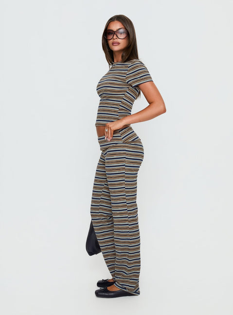 side view of model wearing Princess Polly Manolo Foldover Pants Brown / Grey Stripe Mid Rise Pants 