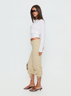 side view of model wearing Princess Polly Hot Rod Capri Pant Beige Mid Rise Pants 