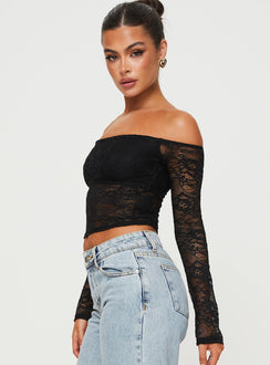 side view of model wearing Princess Polly Charet Off The Shoulder Top Black Full Sleeves 