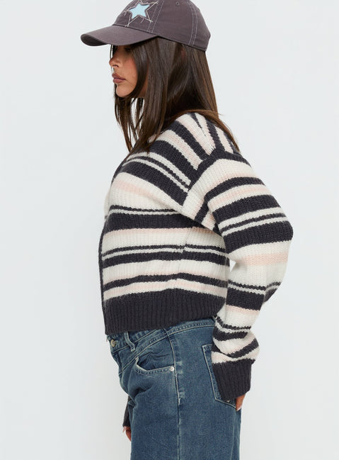 side view of model wearing Princess Polly Tetra Zip Through Knit Sweater Pink Stripe 
