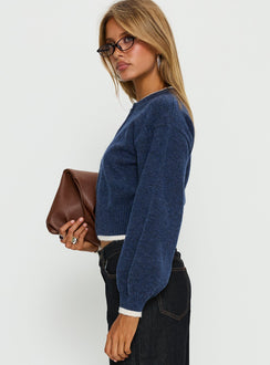 side view of model wearing Princess Polly Amandi Zip Through Knit Jumper Navy / Cream Cropped Jumpers 