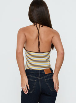 Designed with the Aethoria Arrowneck Bodysuit Multi Stripe womens bodysuit with sleeveless silhouette back view of model wearing Princess Polly