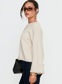 side view of model wearing Princess Polly Shinead Cuffed Knit Cardigan White Cropped Jumpers 