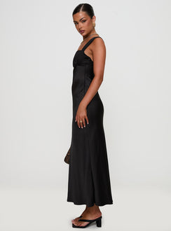 side view of model wearing Princess Polly Radioactive Bias Cut Maxi Dress Black Square Neck 