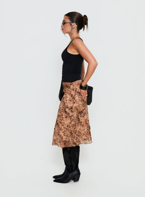   side view of model wearing Princess Polly Sydni Midi Bias Cut Skirt Leopard Midi Skirts Skirts 