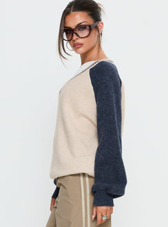 side view of model wearing Princess Polly Adana V Neck Graphic Knit Sweater Multi Longline Jumpers 