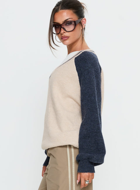 side view of model wearing Princess Polly Adana V Neck Graphic Knit Sweater Multi Longline Jumpers 