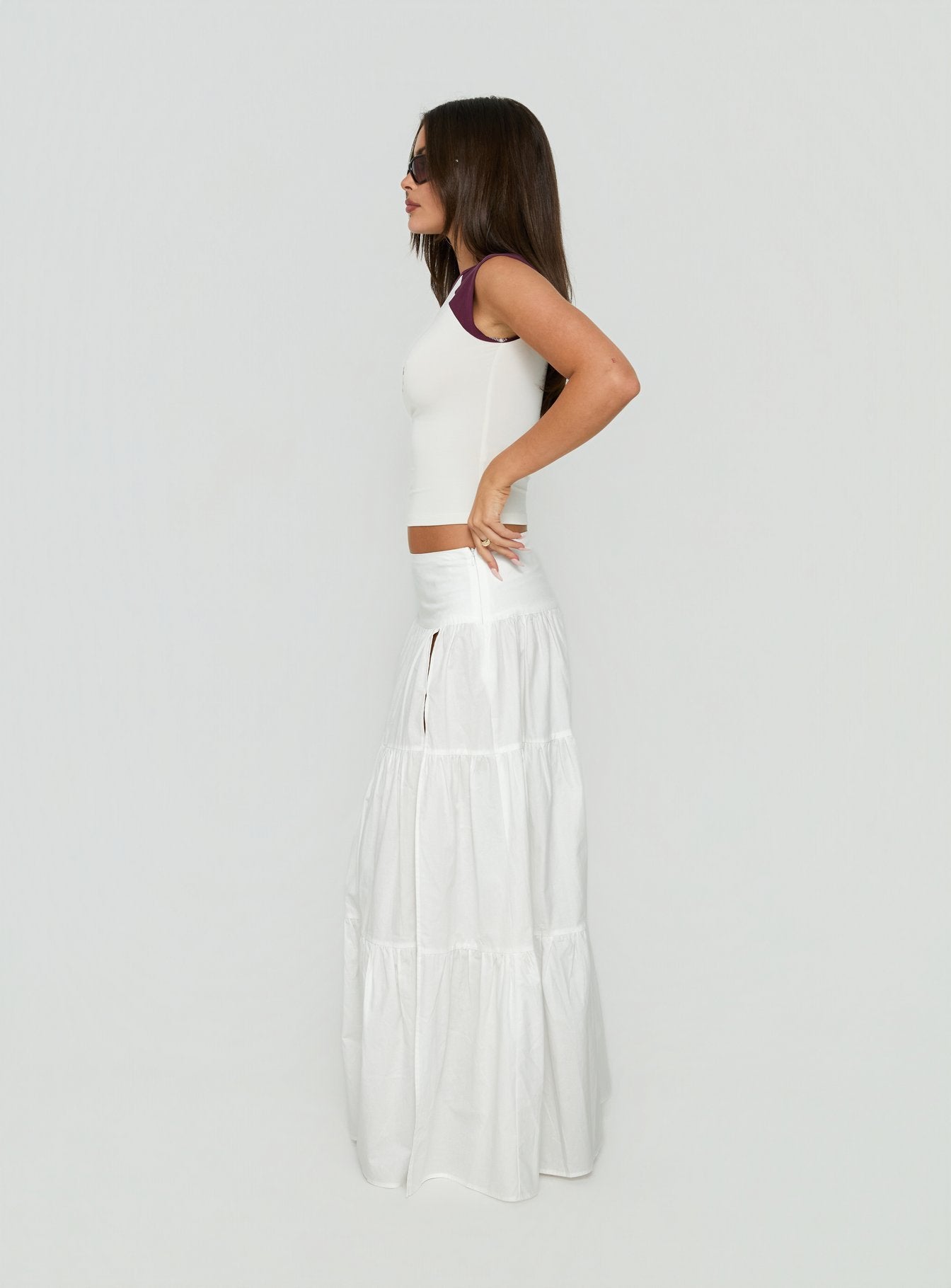 Showcasing the Silver Soul Maxi Skirt White in womens-skirts with maxi length side view of model wearing Princess Polly