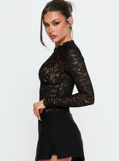side view of model wearing Princess Polly Kamara Long Sleeve Lace Bodysuit Black Long Sleeve Tops 