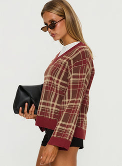side view of model wearing Princess Polly Sydda V Neck Knit Sweater Red Plaid Cropped Jumpers 