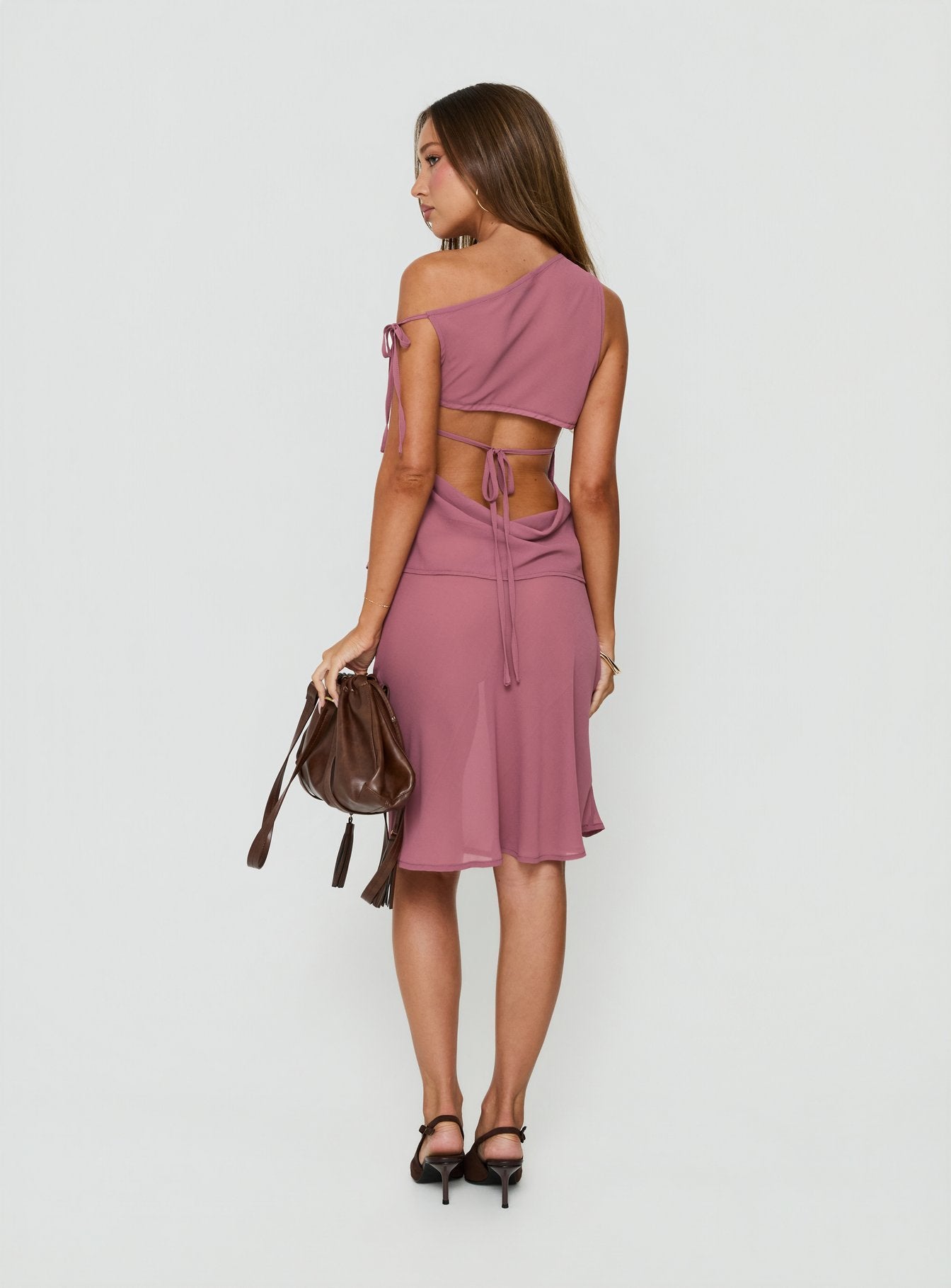 Designed with the Vianna Sheer Midi Skirt Pink womens-skirts in midi length back view of model wearing Princess Polly