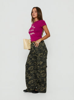 Crafted with Hudsen Cargo Pants Camo womens-regular-pants featuring mid-rise side view of model wearing