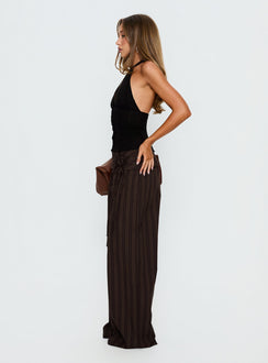 side view of model wearing Princess Polly Seneca Wrap Pant Brown Stripe Mid Rise Pants 