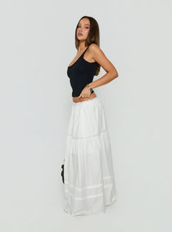 Crafted with the Meanna Tiered Maxi Skirt White in womens-skirts with maxi length side view of model wearing Princess Polly