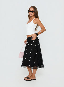   side view of model wearing Princess Polly Kessiah Sequin Midi Skirt Black Midi Skirts 