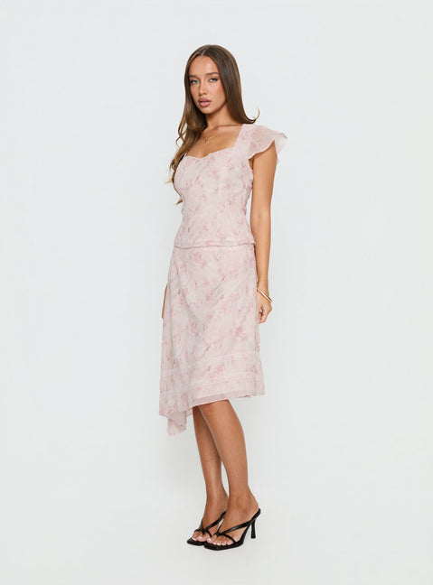   side view of model wearing Princess Polly Avaline Asymmetrical Midi Skirt Pink 