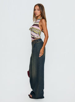 side view of model wearing Princess Polly Boxie Mid Rise Wide Leg Jeans Vintage Wash Mid Rise Jeans 