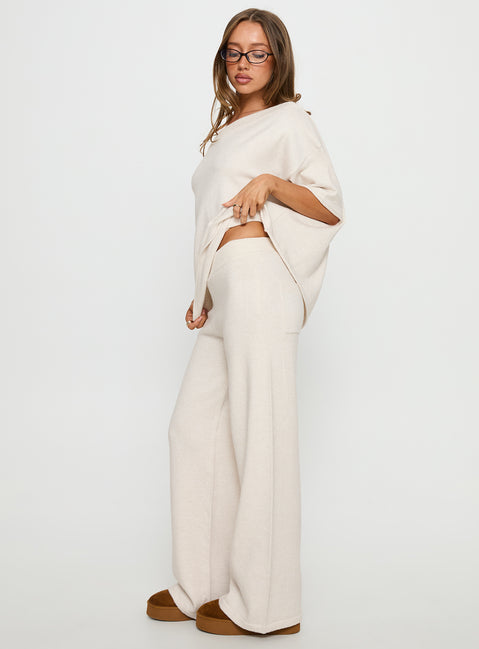 side view of model wearing Princess Polly Bekki Wide Leg Knit Pant Oat High Rise Pants Pants 