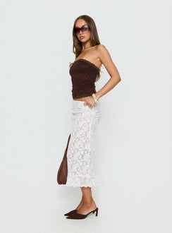   side view of model wearing Princess Polly Toscani Lace Frill Midi Skirt White Midi Skirts 