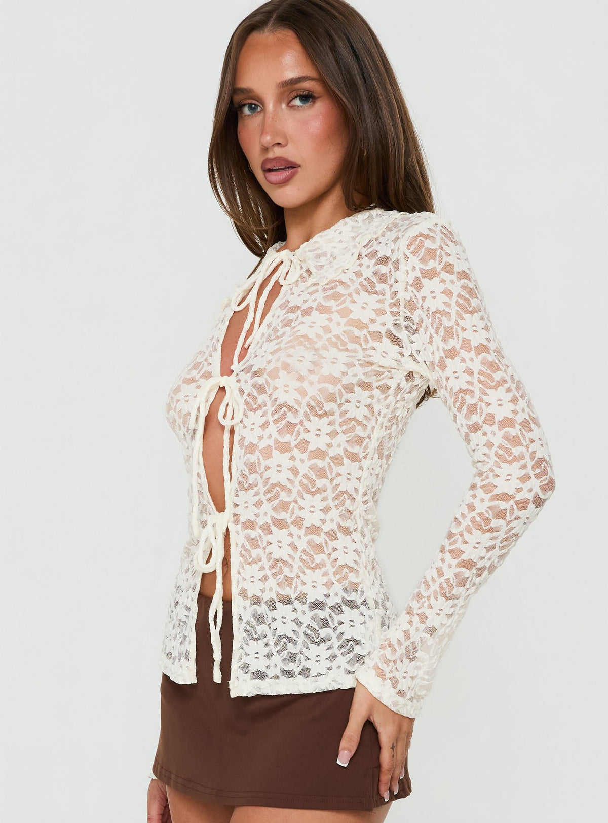 Secret Charms Lace Long Sleeve Top Cream