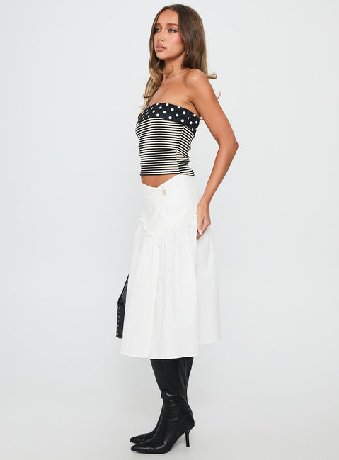   side view of model wearing Princess Polly Jonsie Tiered Frill Midi Skirt White Midi Skirts 