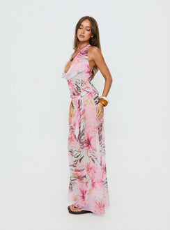   side view of model wearing Princess Polly Karzi Chiffon Maxi Skirt Pink Floral Maxi Skirts 