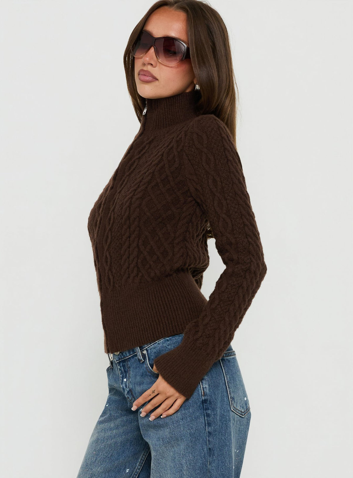 Arletta Cable Knit Zip Through Sweater Brown