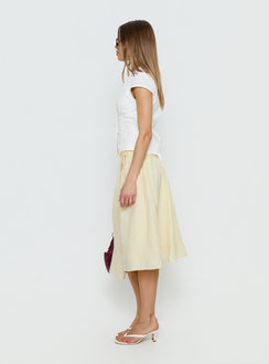   side view of model wearing Princess Polly Sunney Wrap Midi Skirt Yellow Midi Skirts 