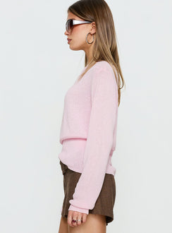 side view of model wearing Princess Polly Xaria Off Shoulder Knit Sweater Pink regular 