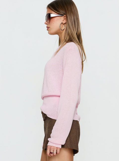 side view of model wearing Princess Polly Xaria Off Shoulder Knit Sweater Pink regular 