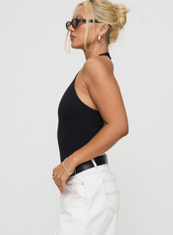 side view of model wearing Princess Polly Someone New Halter Bodysuit Black Tall Sleeveless Bodysuit 