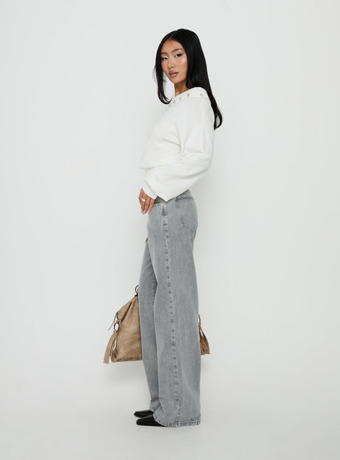 Crafted from Pipper Asymmetrical Button Up Jeans Grey Wash womens-jeans with high-rise side view of model wearing Princess Polly
