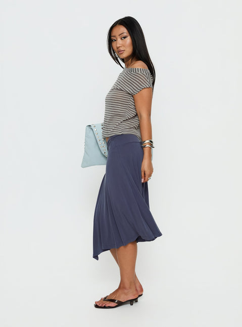   side view of model wearing Princess Polly Joaney Tie Side Jersey Midi Skirt Slate Midi Skirts 