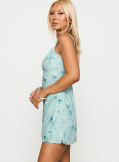 side view of model wearing Princess Polly Love Beckons Mini Dress Blue Floral Plunger 