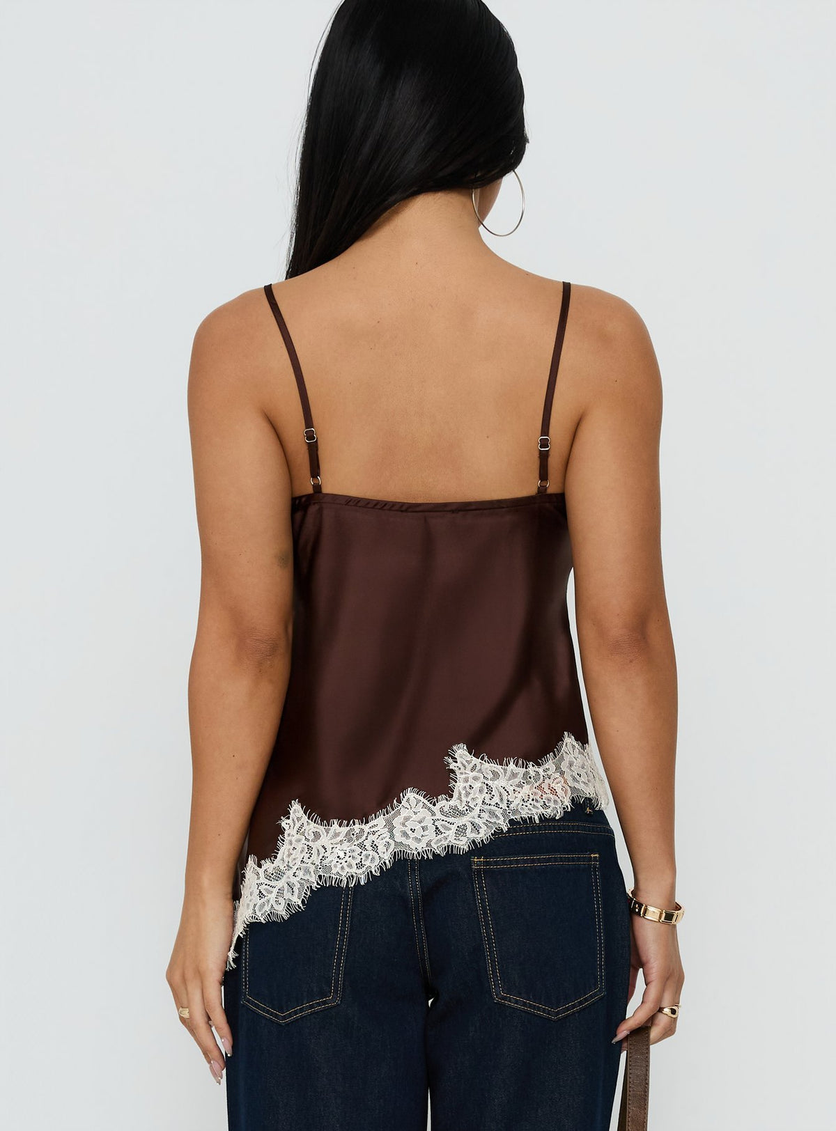 Winta Lace Trim Asymmetrical Satin Top Chocolate