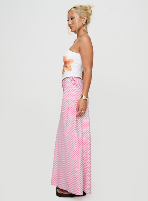   side view of model wearing Princess Polly Fluttering Maxi Skirt Pink Stripe Maxi 