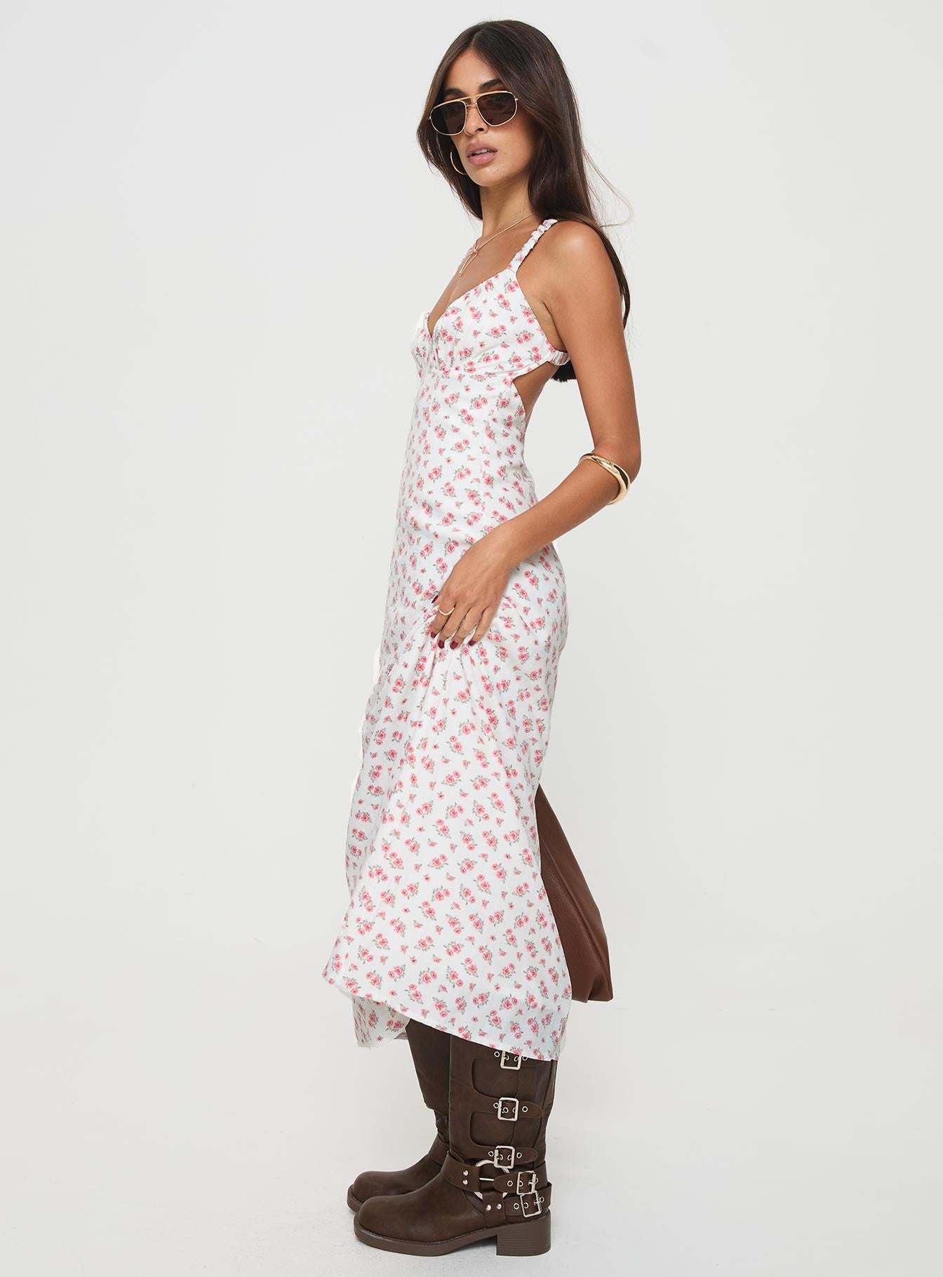 side view of model wearing Princess Polly Georgia Midi Dress White / Pink Floral Plunger 