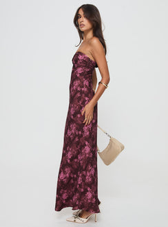 side view of model wearing Princess Polly Abeila Strapless Maxi Dress Burgundy Sweetheart Neckline 