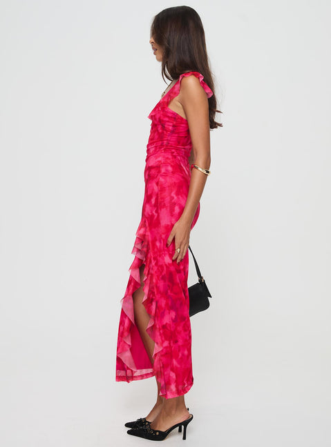 side view of model wearing Princess Polly Ceri Maxi Dress Pink Sweetheart Neckline 