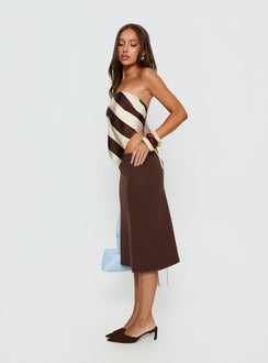   side view of model wearing Princess Polly Baseline Rib Midi Skirt Chocolate Midi Skirts 