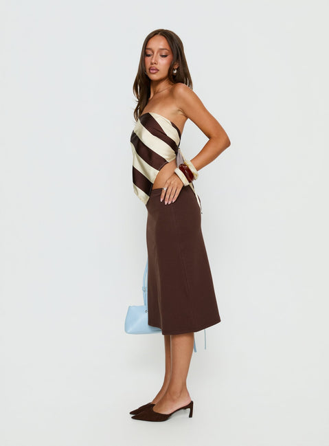   side view of model wearing Princess Polly Baseline Rib Midi Skirt Chocolate Midi Skirts 