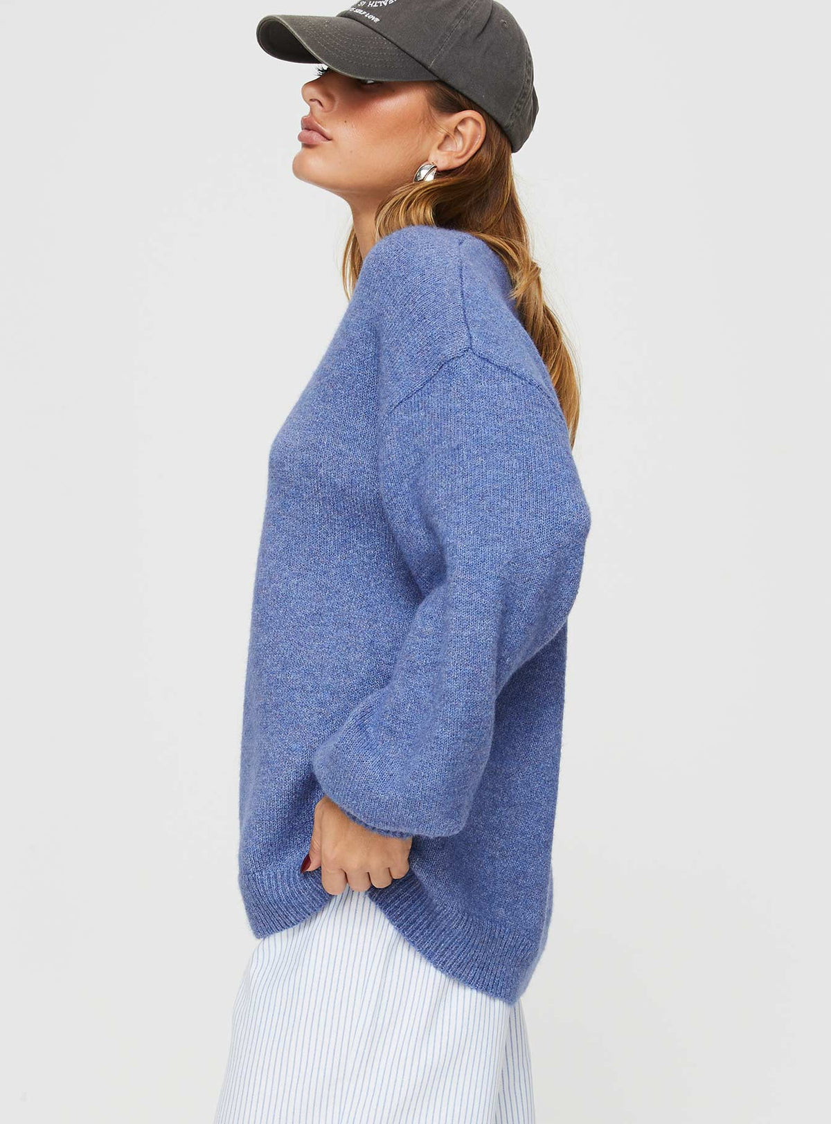 side view of model wearing Princess Polly Ryanna Sweater Blue Long 