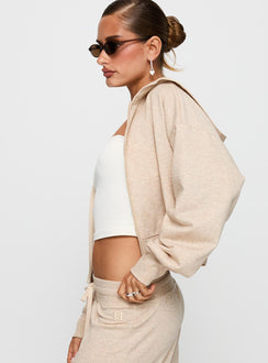 side view of model wearing Princess Polly Revive Zip Through Hoodie Oat Marle cropped Jumpers 