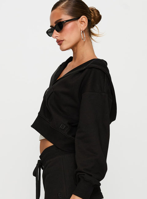 Featuring the Revive Zip Through Hoodie Black in womens-jumpers with short length side view of model wearing Princess Polly
