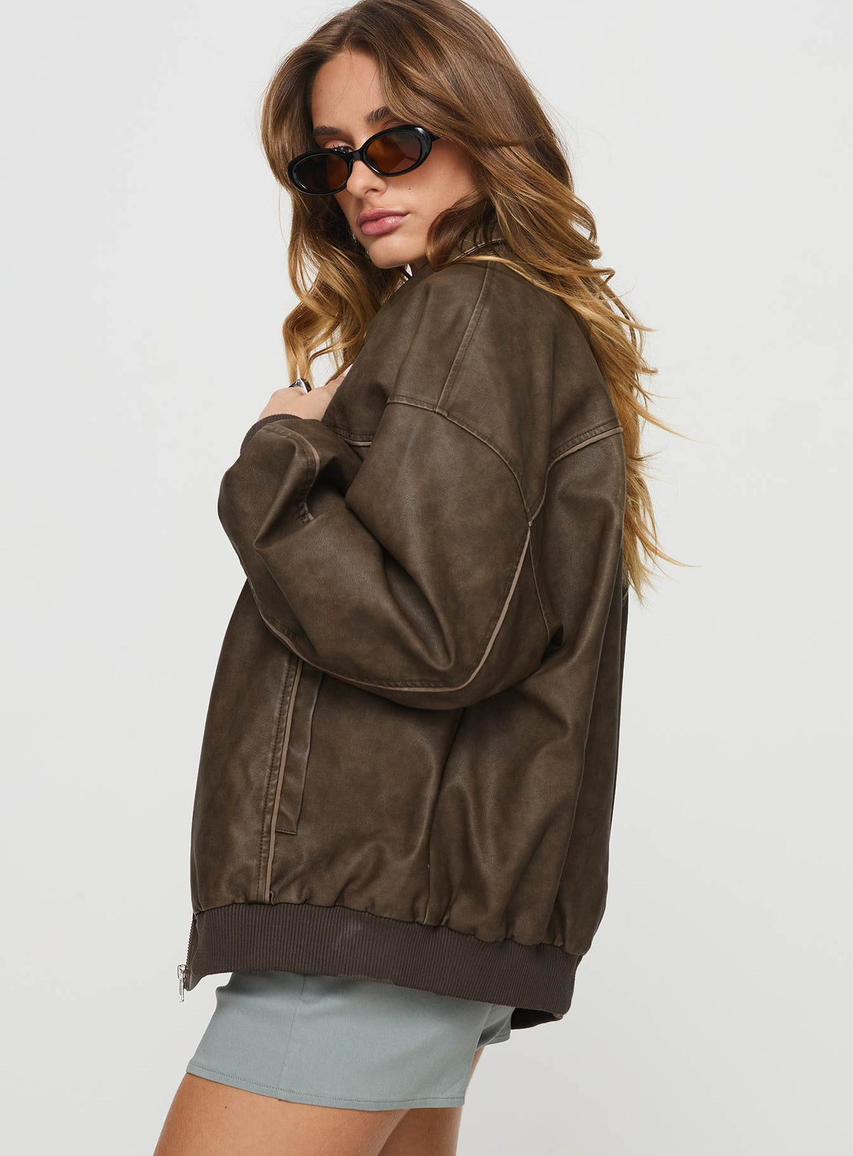 Faux leather bomber jacket  Classic collar, ribbed waistband and cuffs, zip front fastening, twin hip pockets  Non-stretch, fully lined 